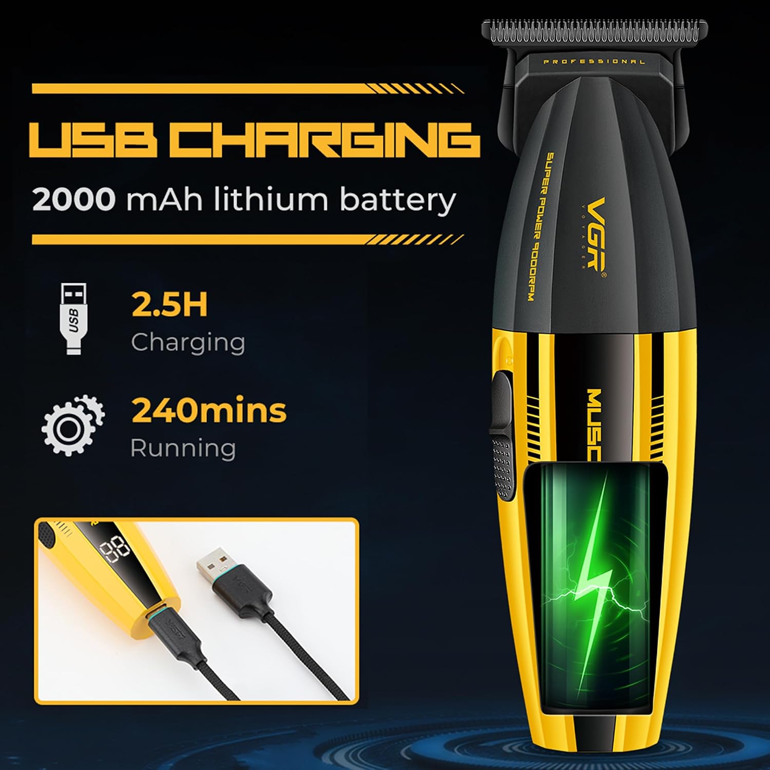 Carga USB: batería de 2000 mAh, carga de 2.5 horas y hasta 240 minutos de uso
