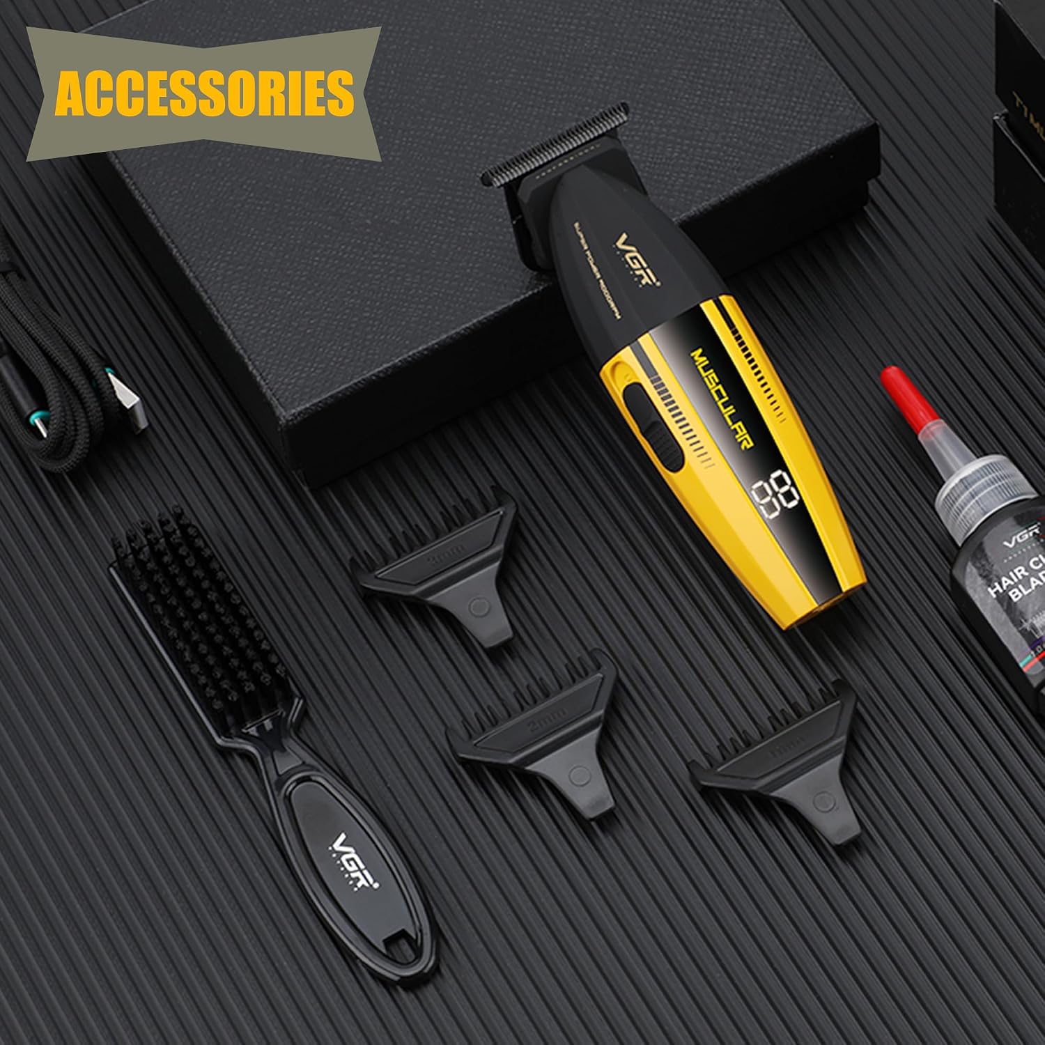 Recortadora VGR con cable USB, peines guía, aceite y cepillo de limpieza